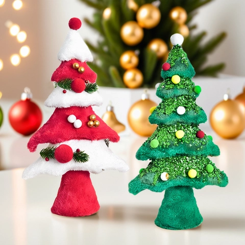Mini Albero di Natale in Peluche Ornamento da Tavolo in Tessuto con Paillettes Decorazione Natalizia per Casa e Ufficio