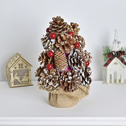 Mini Tannenzapfen Weihnachtsbaum Tischdeko Mit Roten Beeren Und Leinenfuß Rustikale Natürliche Festtagsdeko Für Zuhause