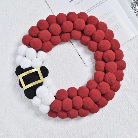 Ghirlanda di Natale Babbo Natale in Pompon Decorazione Palla Peluche Fibbia Dorata Rotonda Addobbo Parete Festivo per Casa