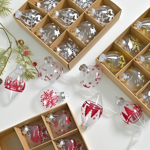 Palline di Natale in PET Trasparente con Stampa di Fiocchi di Neve e Alci Decorazioni Appese per Albero di Natale Festa Casa