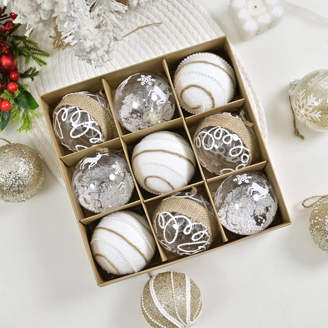 Set di 9 Palle di Natale in Plastica Avvolte in Iuta e Spago Con Renna e Fiocco di Neve per Albero di Natale