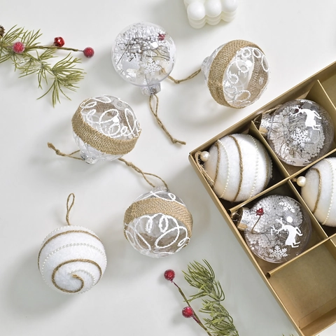 Set di 9 Palle di Natale in Plastica Avvolte in Iuta e Spago Con Renna e Fiocco di Neve per Albero di Natale