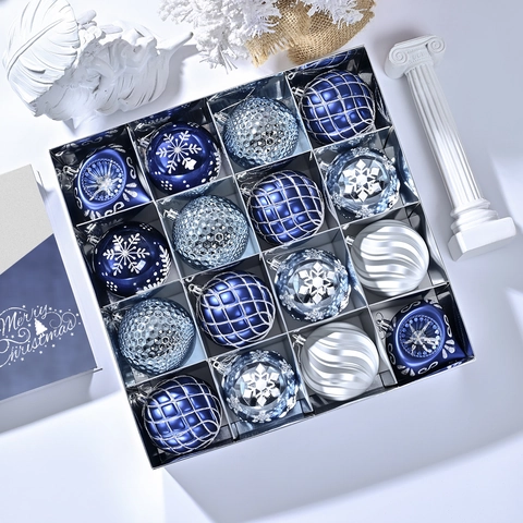 16 Blau Silber Weihnachtskugeln Set Bruchsicherer Kunststoff Galvanisiert Handbemalt Schneeflocke Baumschmuck Dekoration