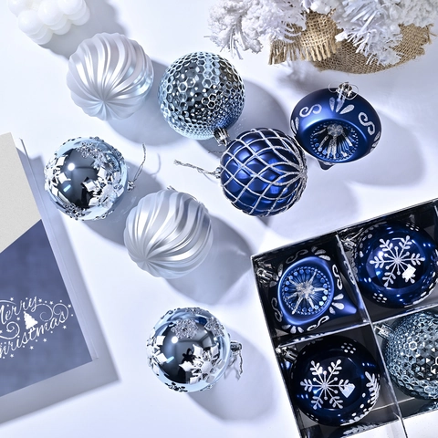 16 Blau Silber Weihnachtskugeln Set Bruchsicherer Kunststoff Galvanisiert Handbemalt Schneeflocke Baumschmuck Dekoration