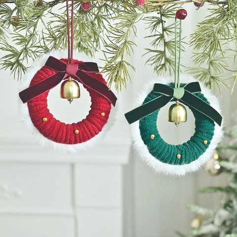 Mini Knitted Christmas Wreath Hanging Ornament With Velvet Bow And Metal Bell Red Green Festive Tree Decor Gift Box