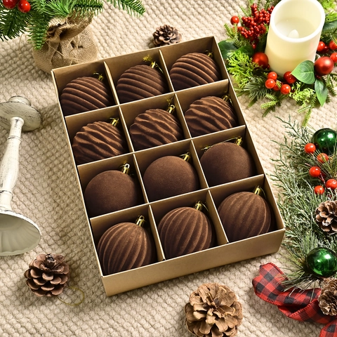 Set di 12 Palline di Natale Marroni Floccate Struttura in Velluto a Righe Decorazioni Appese per Albero di Natale Casa