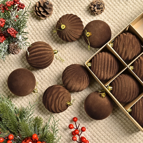 Set di 12 Palline di Natale Marroni Floccate Struttura in Velluto a Righe Decorazioni Appese per Albero di Natale Casa