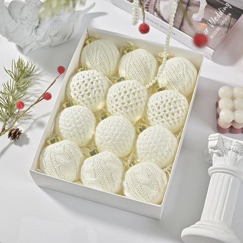 Knitted Christmas Ball Ornaments Set White Yarn Pattern Tree Hanging Decorations For Nordic Holiday Home Party Gift