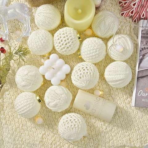 Knitted Christmas Ball Ornaments Set White Yarn Pattern Tree Hanging Decorations For Nordic Holiday Home Party Gift