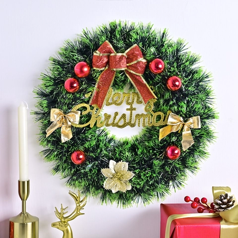Künstlicher Weihnachtskranz Mit Roten Schleifen Und Goldener Frohe Weihnachten Schild 45cm Kiefernnadel Kunststoff Kranz