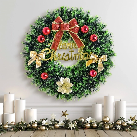 Künstlicher Weihnachtskranz Mit Roten Schleifen Und Goldener Frohe Weihnachten Schild 45cm Kiefernnadel Kunststoff Kranz