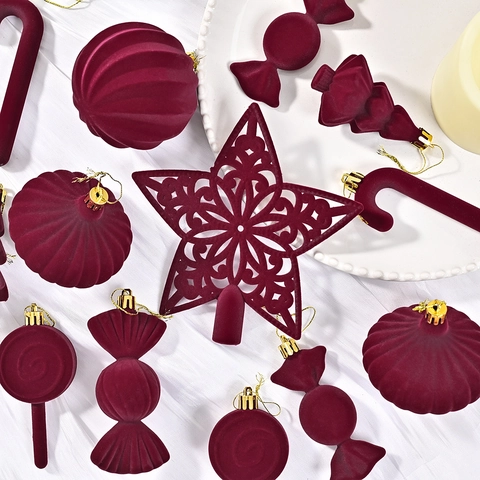 Addobbi Natalizi Fioccati In Velluto Bordeaux Verde Marrone Puntale Stella Forme Caramelle Decorazioni Albero Natale