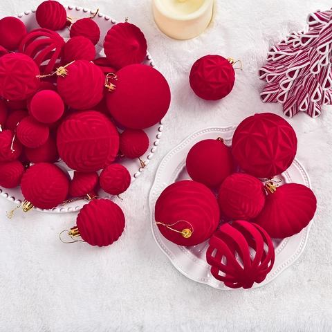 Kerstboom Fluweel Decoratie Ballen Assorti Texturen Gevlokte Kunststof Ornamenten Voor Vakantie Thuis Hangende Decoratie
