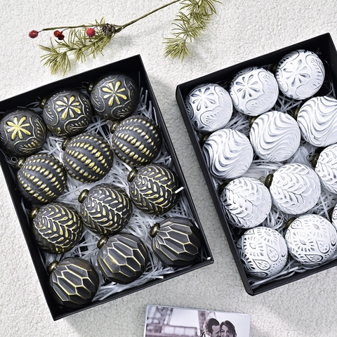Retro Kunststoff Weihnachtskugeln Set Geprägte Schneeflocke Geometrische Muster Hängende Baum Dekoration Für Zuhause Party