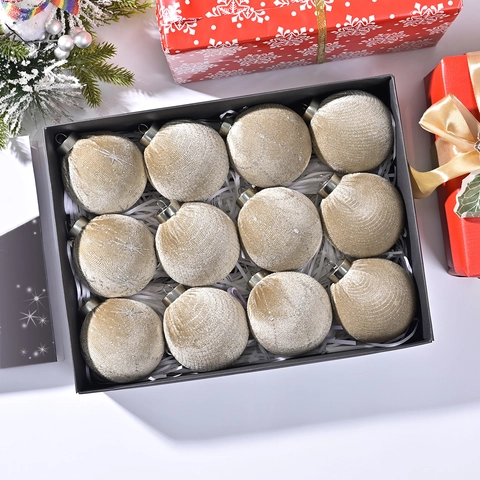 Set di 12 Palline di Natale da 8CM Avvolte nel Velluto con Glitter e Strass Motivo Stellato Decorazioni Appese per Albero