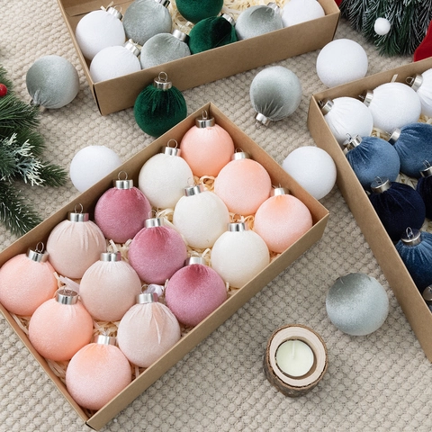 15Pcs 6cm Velvet Christmas Tree Balls Ornaments Set Plastic Flocked Decorative Hanging Ornaments For Holiday Party Decor