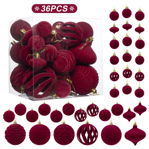 Juego de Bolas de Navidad Flocadas Formas Surtidas Textura de Terciopelo Plástico Irrompible Decoración Árbol Hogar Navidad