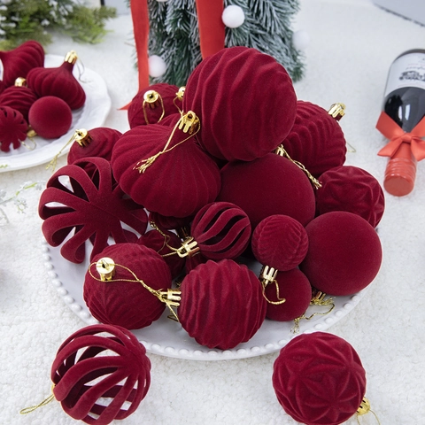 Juego de Bolas de Navidad Flocadas Formas Surtidas Textura de Terciopelo Plástico Irrompible Decoración Árbol Hogar Navidad