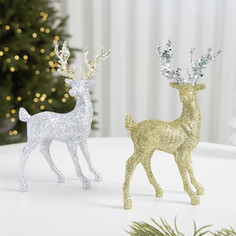 Adorno de Escritorio de Reno de Navidad con Purpurina Estatua de Alce Flocado de Plástico para Decoración de Árbol de Navidad