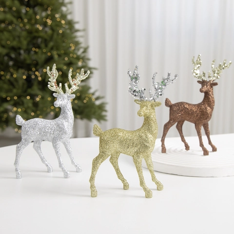 Adorno de Escritorio de Reno de Navidad con Purpurina Estatua de Alce Flocado de Plástico para Decoración de Árbol de Navidad