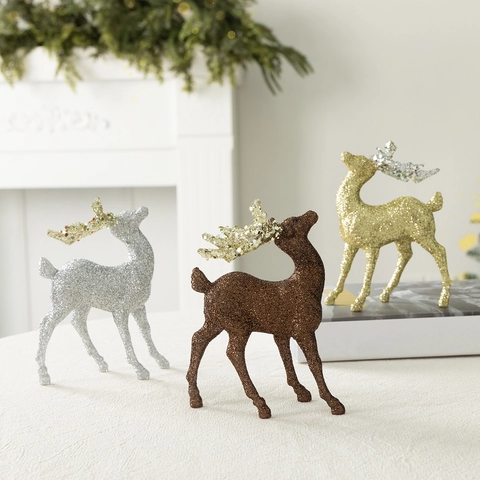 Elegant Glitter Christmas Reindeer Ornament Plastic Elk Statue Desktop Figurine For Holiday Home Party Decoration White Gold Silver