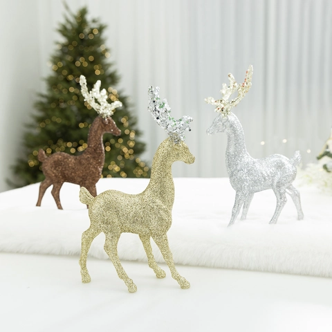Figurines de Renne de Noël Pailletées Élégants Ornements de Cerf en Plastique pour Sapin de Noël Table Maison Fête