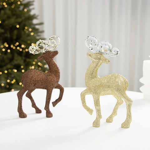 Christmas Glitter Reindeer Figurines Plastic Elk Statues For Christmas Tree Decoration Festive Home Party Desktop Ornaments Decor