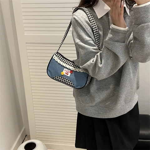 Borsa a Tracolla da Donna Dolce Retro Denim a Quadretti con Pizzo Ciliegia Patch Borsa Sottobraccio Stile Coreano Plissettata