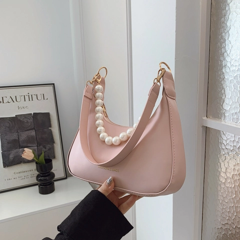 Fashion Women PU Leather Half Moon Hobo Bag With Large Artificial Pearl Chain Decorative Shoulder Underarm Bag Solid Handbag
