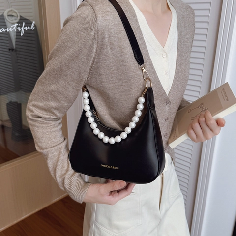 Fashion Women PU Leather Half Moon Hobo Bag With Large Artificial Pearl Chain Decorative Shoulder Underarm Bag Solid Handbag