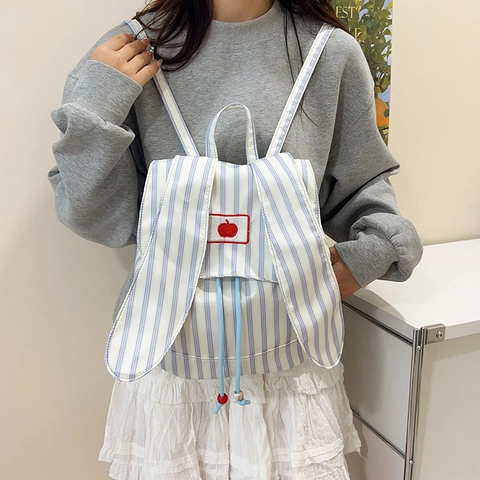 Süßer Hasenohren Gestreifter Nylon Rucksack Koreanischer Stil Apfel Bestickt Student Schultasche Kordelzug Reise Großer Tagesrucksack