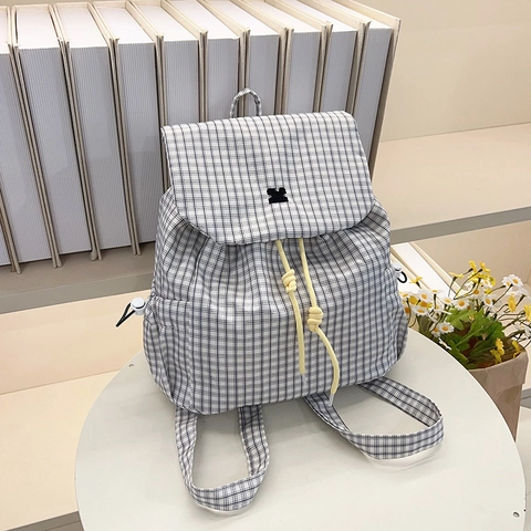 Damen Leichter Nylon Plaid Rucksack Casual Student Schultasche Mit Gelbem Kordelzug Klappe Verschluss Koreanischer Stil Pack