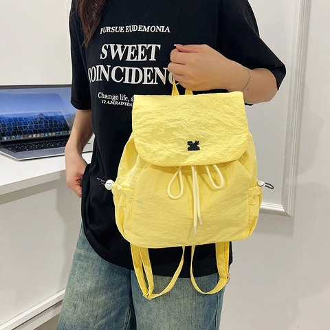 Damen Leichter Nylon Plaid Rucksack Casual Student Schultasche Mit Gelbem Kordelzug Klappe Verschluss Koreanischer Stil Pack