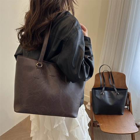 Women Fashion PU Leather Tote Bag Large Capacity Solid Color Shoulder Bag Versatile Minimalist Underarm Handbag For Commute Daily
