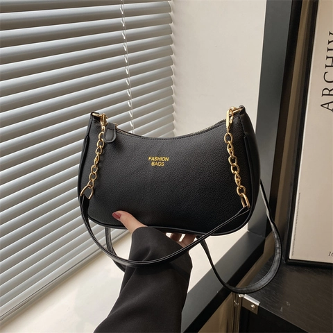 Women Fashion Lychee Texture PU Leather Underarm Bag Metallic Chain Half Moon Hobo Bag Adjustable Strap Crossbody Shoulder Bag