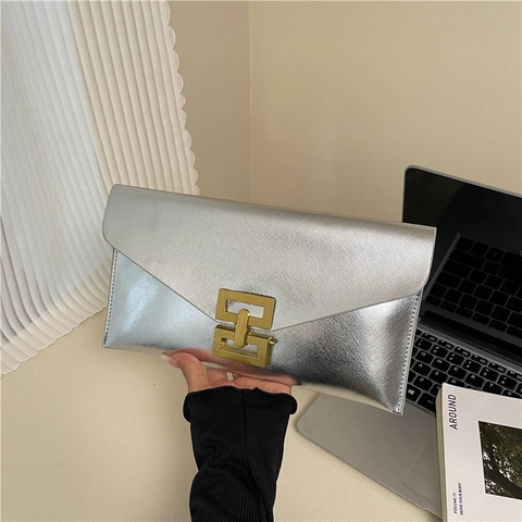 Fashion Women Envelope Clutch Bag PU Leather Geometric Metal Buckle Evening Party Handbag Street Trend Square Purse Gold Silver Black White