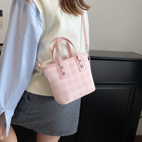 Bolso Cubo de Cuero PU de Moda Con Patrón de Tablero Para Mujer Bolso de Hombro Cruzado Trendy Con Correa Ajustable Versátil Diario