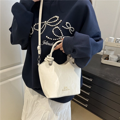 Faltenstruktur Damen Beuteltasche Minimalistische Kunstleder Umhängetasche Knotengriff Mode Casual Schulterhandtasche
