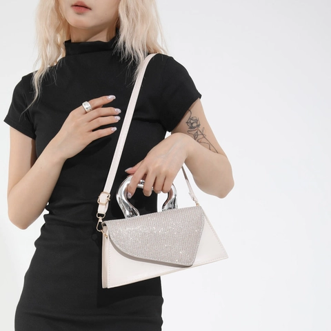 Bolso de Bandolera de Cuero PU para Mujer Con Asa de Metal Plateado Irregular Solapa de Strass Bolso de Mano Cuadrado Pequeño Fiesta de Noche