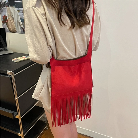 Borsa a Tracolla Boema in Finta Scamosciata Con Nappine Per Donna Vintage Street Style Borsa a Secchiello Con Frange Moda Casual