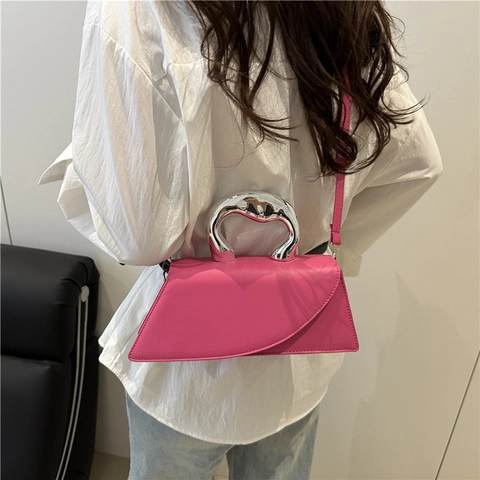 Bolso Bandolera Asimétrico para Mujer Con Asa de Metal Irregular Plateada Bolso Cuadrado Pequeño de Cuero PU