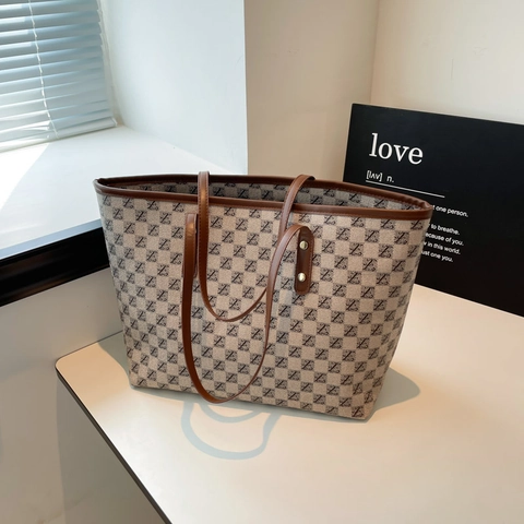 Borsa Tote a Griglia di Grande Capacità per Donna in Pelle PU Monogramma Borsa a Tracolla Moda Borsa a Mano Pendolare Shopping