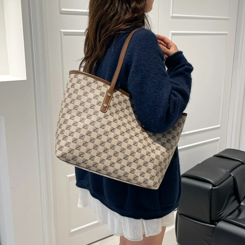Borsa Tote a Griglia di Grande Capacità per Donna in Pelle PU Monogramma Borsa a Tracolla Moda Borsa a Mano Pendolare Shopping
