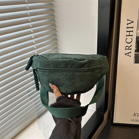 Fashion Corduroy Chest Bag For Women Solid Color Large Capacity Crossbody Bag Casual Sporty Waist Bag With Woven Zipper Puller