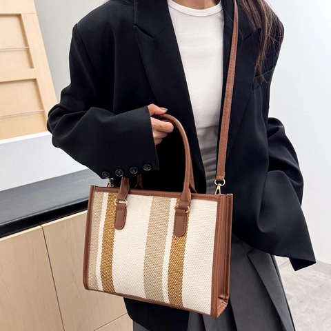 Women's Retro Striped Large Capacity Tote Bag Vintage Contrast Color Splicing PU Shoulder Crossbody Bag Trendy Commuter Handbag
