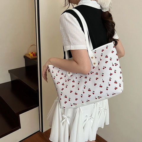 Dames Kersenhout Print Draagtas PU Leer Grote Capaciteit Schoudertas Mode Casual Woon-werkverkeer Handtas Veelzijdige Reistas