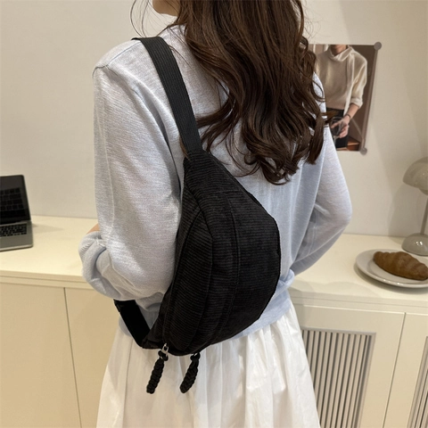 Fashion Corduroy Chest Bag For Women Solid Color Large Capacity Crossbody Bag Casual Sporty Waist Bag With Woven Zipper Puller