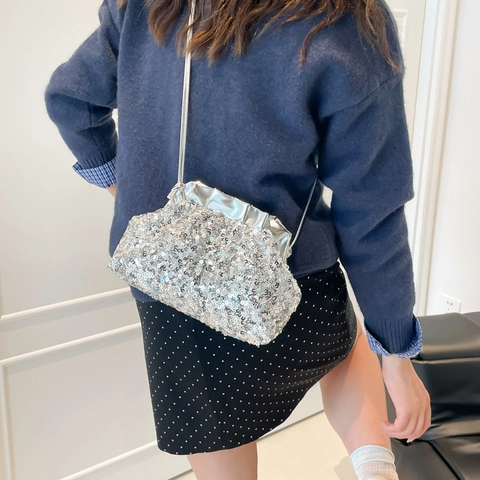 Damen Pailletten Plissee Wolke Clutch Elegant Bankett Party Schulter Umhängetasche Mit Einem Riemen