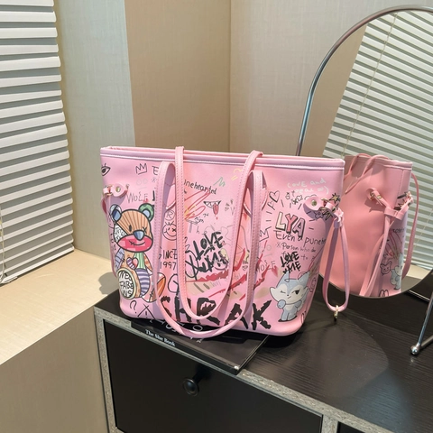 Borsa Tote da Donna in Pelle PU di Moda Grande Capacità Stampa Graffiti Orsetto Borsa a Tracolla Street Trendy Borsa a Mano