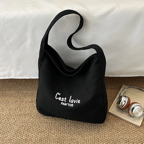 Large Capacity Canvas Tote Bag For Women 2025 Trendy Letter Print Shoulder Bag Simple Casual Commuting Student School Bag